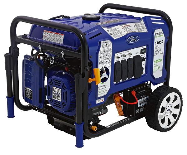 Générateur Ford FG11050PBE bi-carburant – vue du dessus et latérale avec panneau de commande et connexions