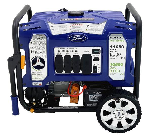 Générateur Ford FG11050PBE bi-carburant – vue latérale avec châssis, poignées et roues